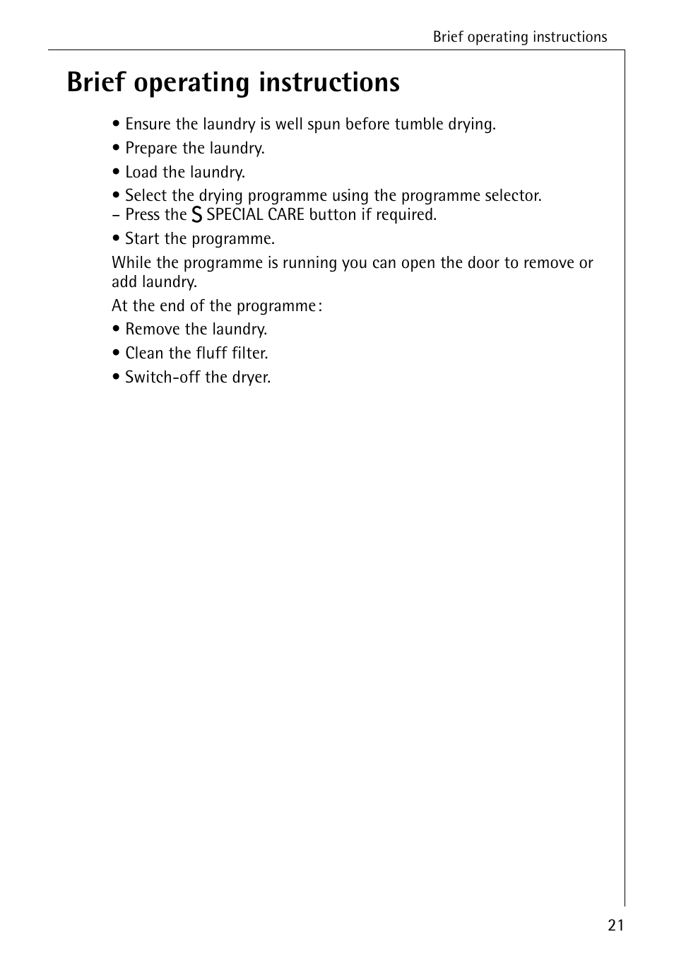 Brief operating instructions | Electrolux LAVATHERM 32600 User Manual | Page 21 / 40