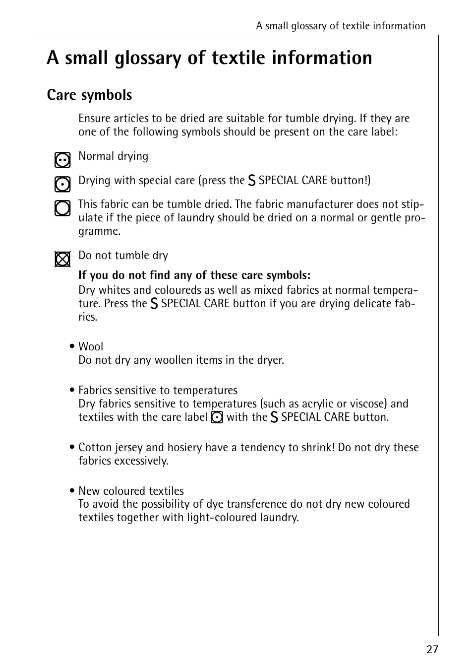 A small glossary of textile information, Care symbols | Electrolux LAVATHERM 32600 User Manual | Page 27 / 40