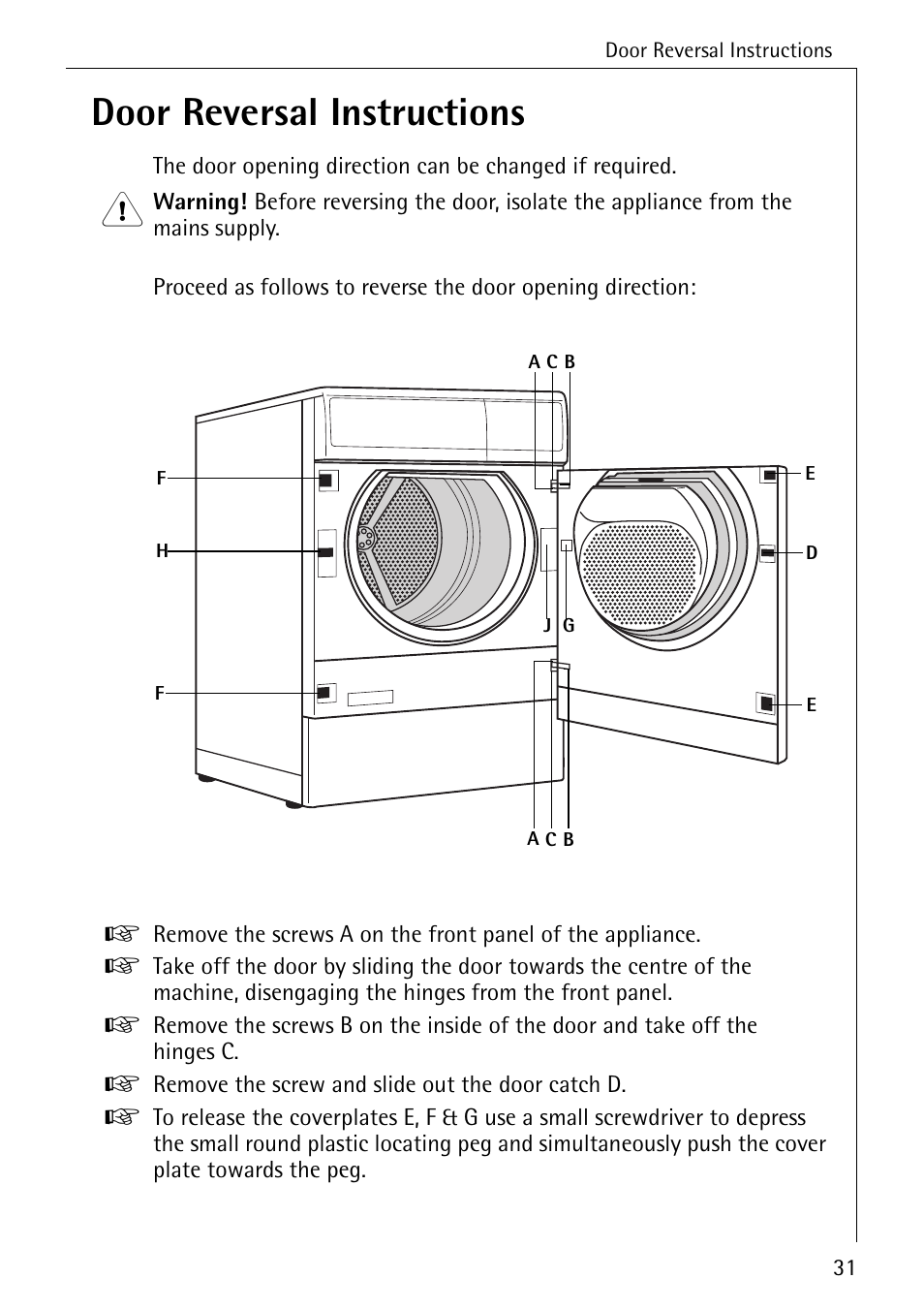 Door reversal instructions | Electrolux LAVATHERM 32600 User Manual | Page 31 / 40