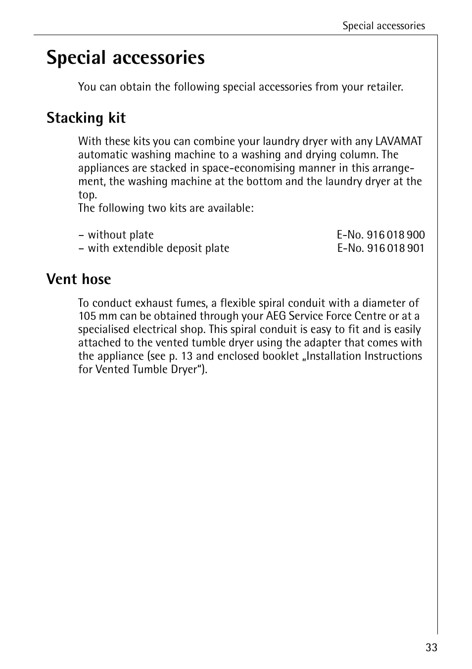 Special accessories, Stacking kit, Vent hose | Electrolux LAVATHERM 32600 User Manual | Page 33 / 40