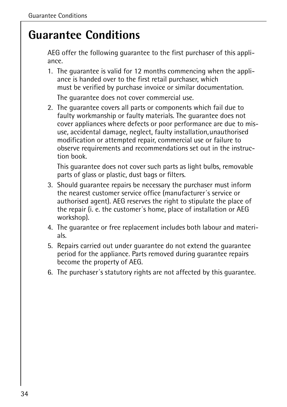 Guarantee conditions | Electrolux LAVATHERM 32600 User Manual | Page 34 / 40