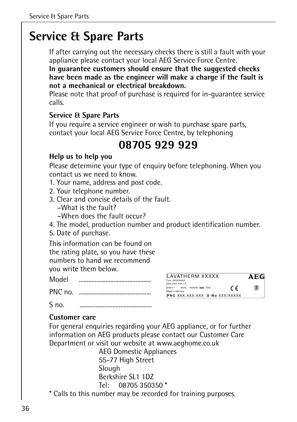 Service & spare parts | Electrolux LAVATHERM 32600 User Manual | Page 36 / 40