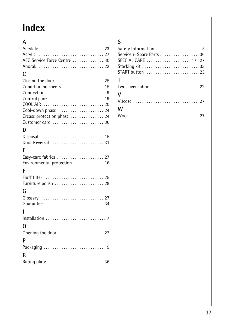 Index | Electrolux LAVATHERM 32600 User Manual | Page 37 / 40