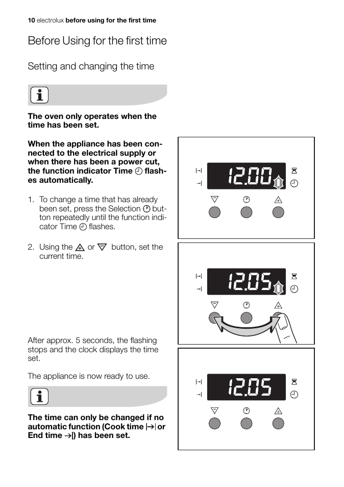 Before using for the first time, Setting and changing the time | Electrolux EB GL40 User Manual | Page 10 / 56