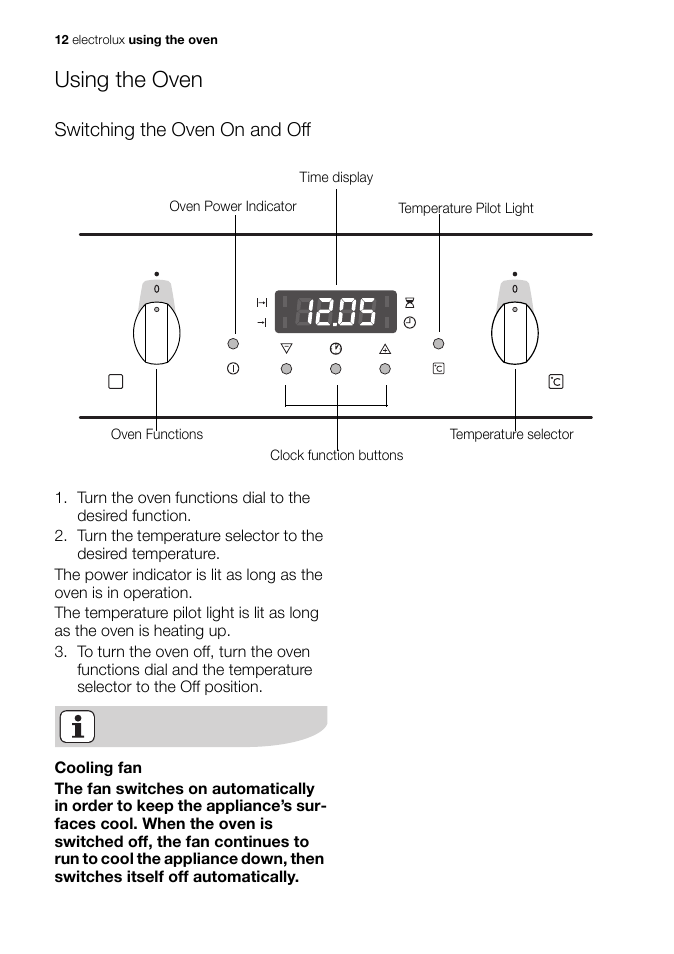 Using the oven, Switching the oven on and off | Electrolux EB GL40 User Manual | Page 12 / 56