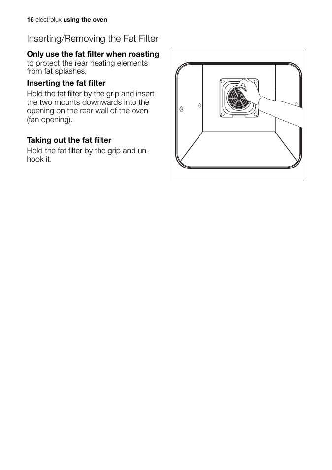 Inserting/removing the fat filter | Electrolux EB GL40 User Manual | Page 16 / 56