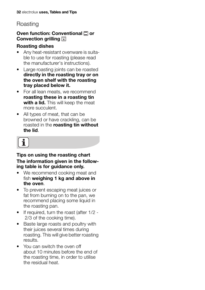 Roasting | Electrolux EB GL40 User Manual | Page 32 / 56