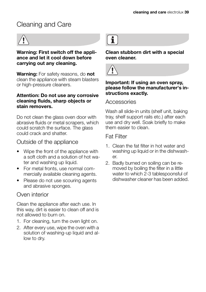 Cleaning and care, Outside of the appliance, Oven interior | Accessories, Fat filter | Electrolux EB GL40 User Manual | Page 39 / 56
