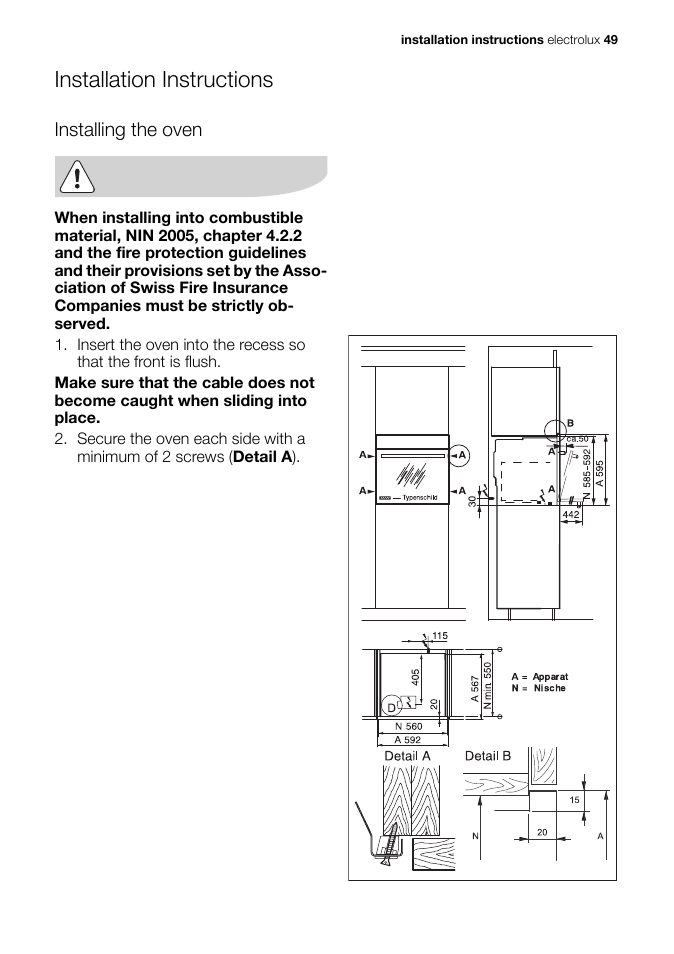 Installation instructions, Installing the oven | Electrolux EB GL40 User Manual | Page 49 / 56