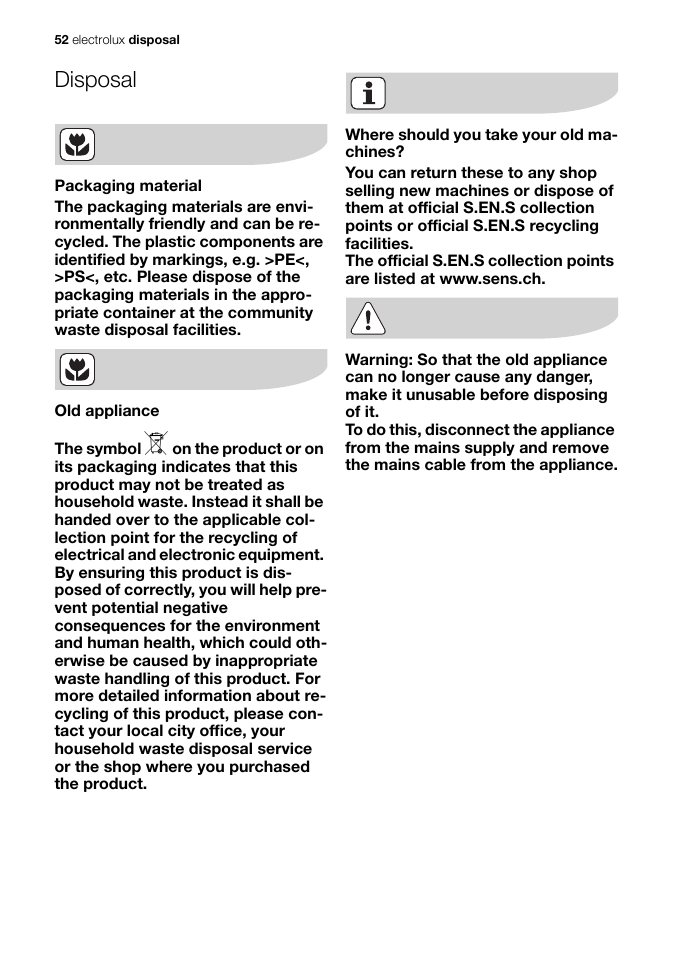 Disposal | Electrolux EB GL40 User Manual | Page 52 / 56