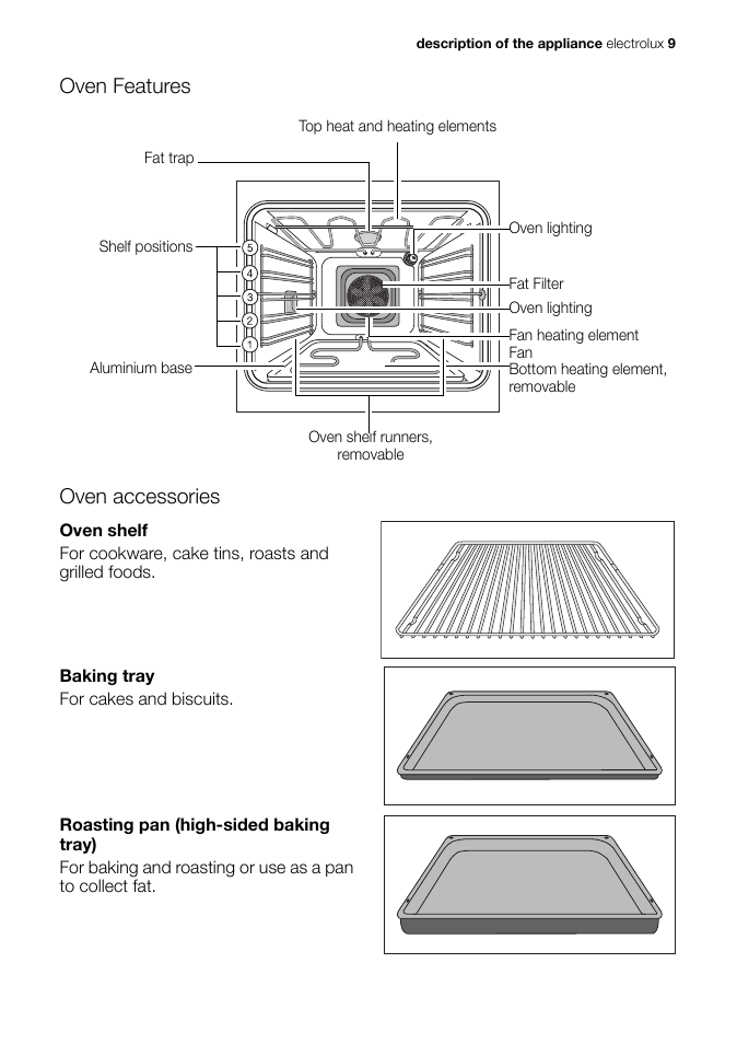 Oven features, Oven accessories | Electrolux EB GL40 User Manual | Page 9 / 56