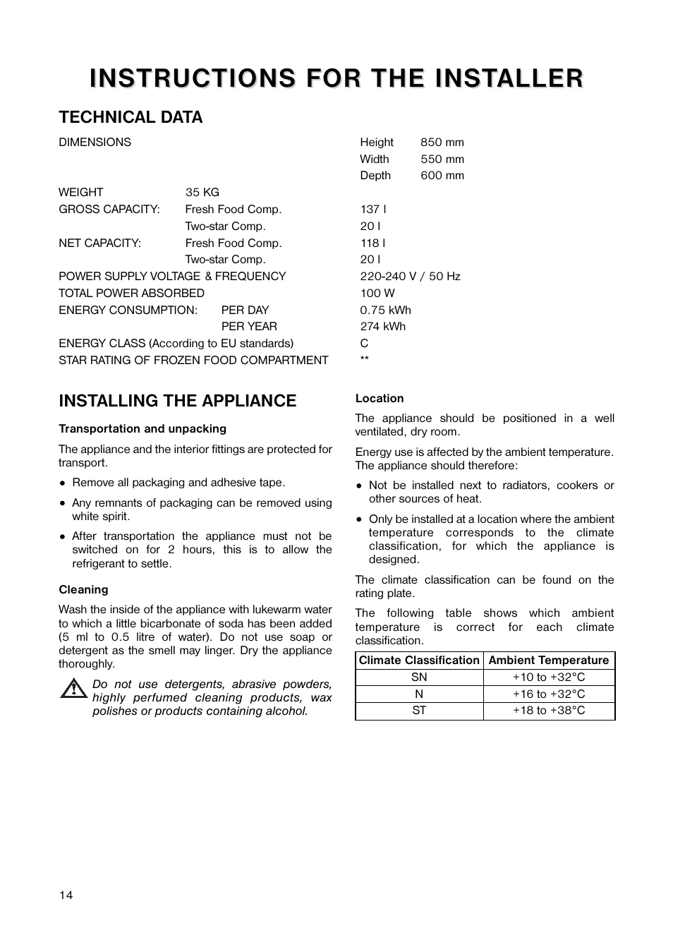 Installing the appliance, Technical data | Electrolux 160 RA User Manual | Page 14 / 20