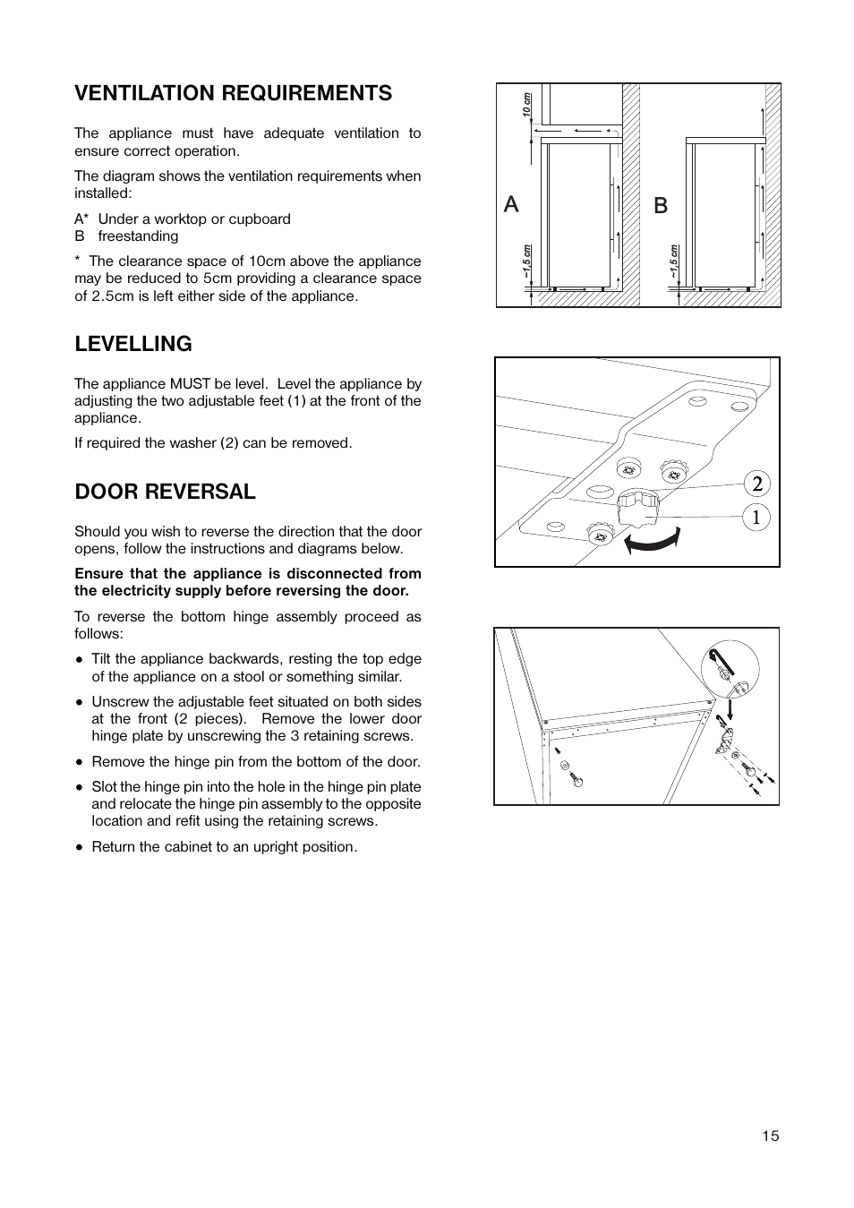 Ventilation requirements, Levelling, Door reversal | Electrolux 160 RA User Manual | Page 15 / 20