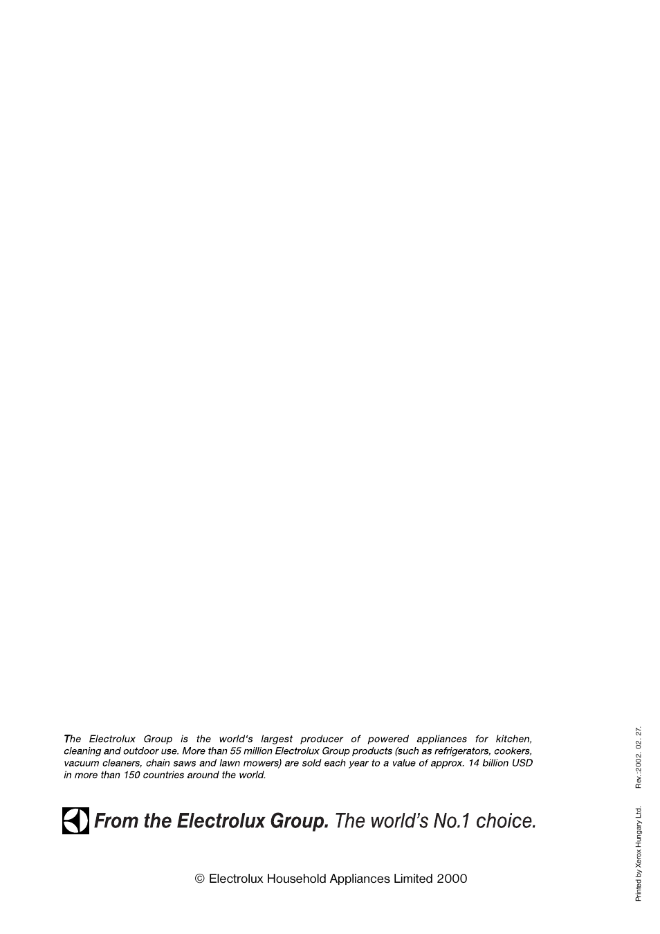 Electrolux household appliances limited 2000 | Electrolux 160 RA User Manual | Page 20 / 20