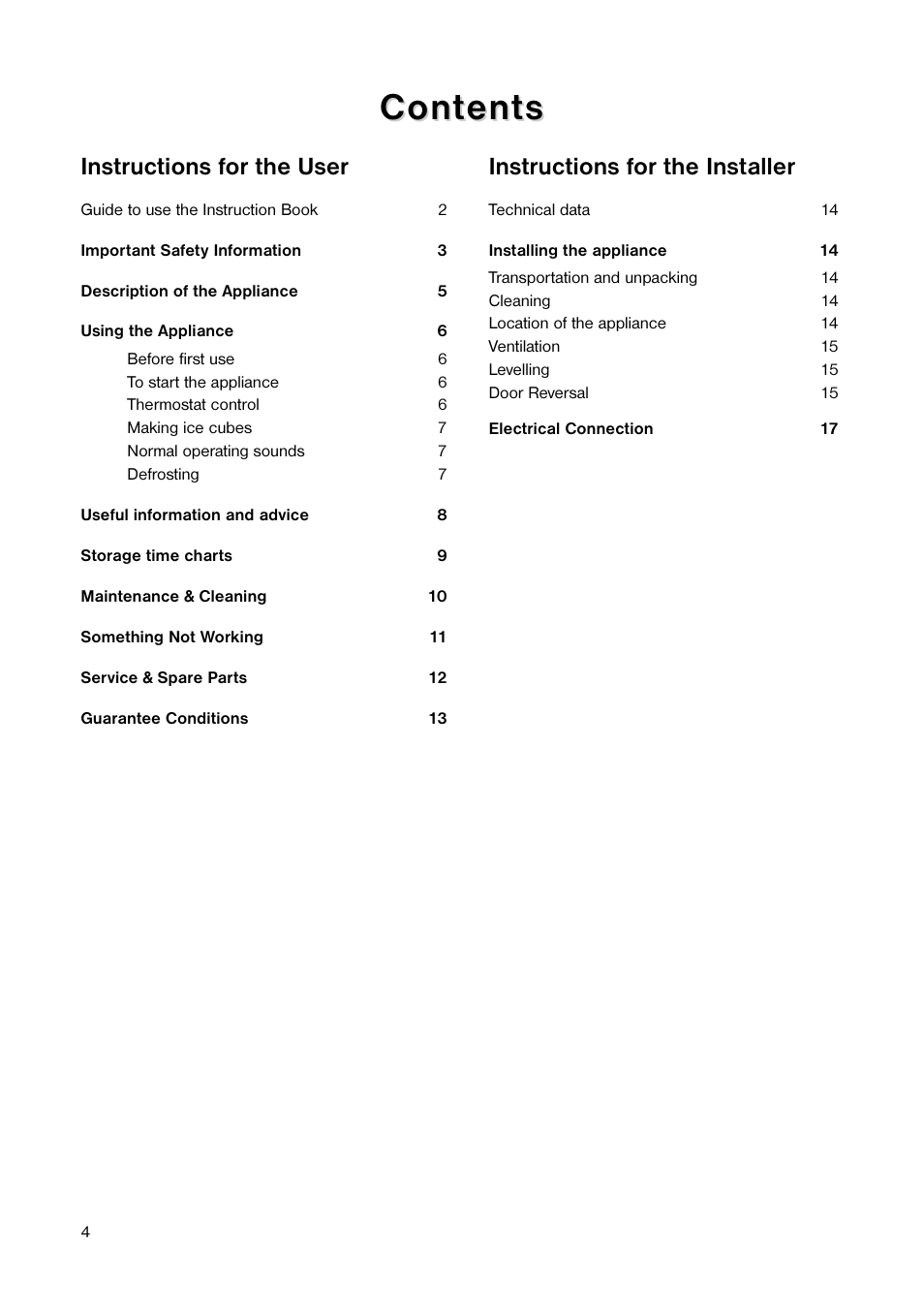 Cont, Cont ents ents, Instructions for the installer | Instructions for the user | Electrolux 160 RA User Manual | Page 4 / 20