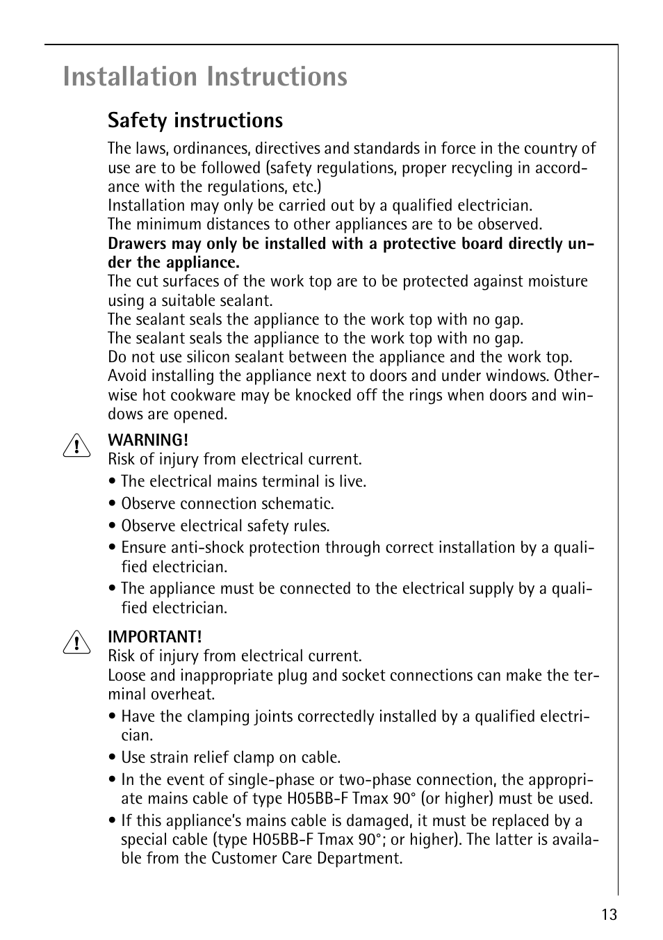 Installation instructions, Safety instructions | Electrolux 6010 K User Manual | Page 13 / 20