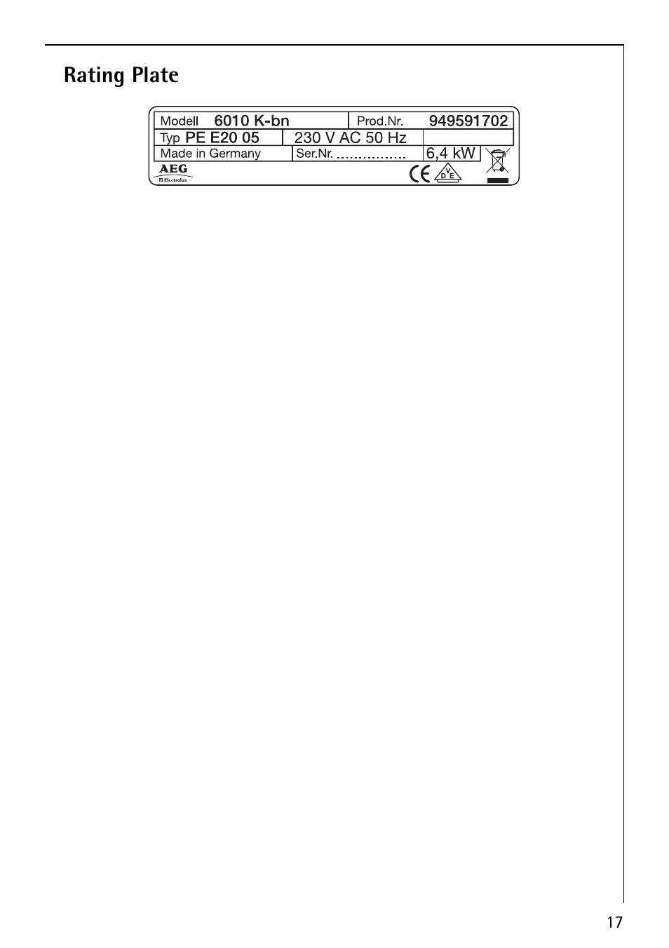Rating plate | Electrolux 6010 K User Manual | Page 17 / 20