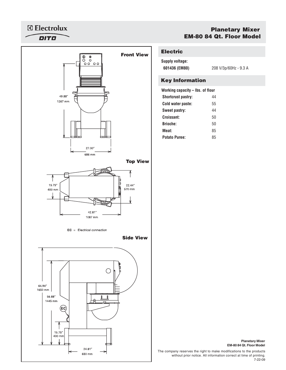 Planetary mixer em-80 84 qt. floor model | Electrolux Dito EM-80 User Manual | Page 2 / 2
