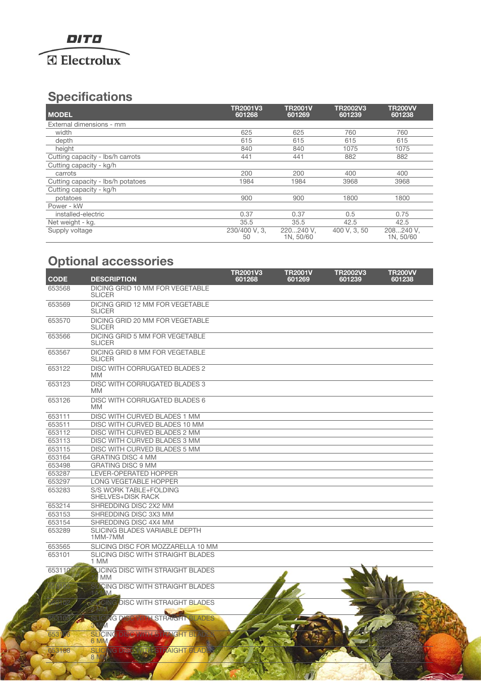 Specifications, Optional accessories | Electrolux TR200 User Manual | Page 2 / 3