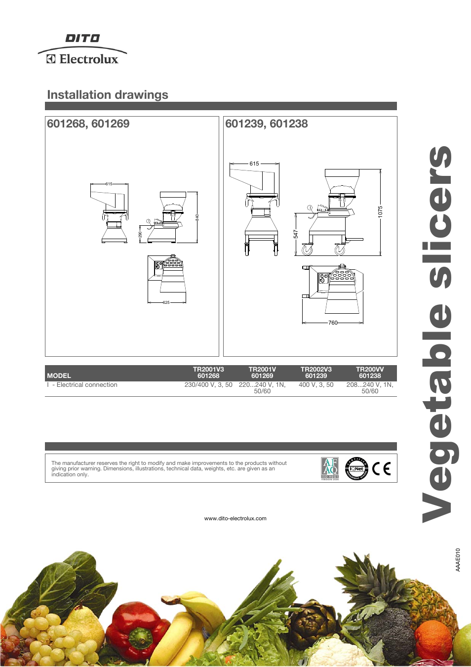 Vegetable slicers, Installation drawings | Electrolux TR200 User Manual | Page 3 / 3