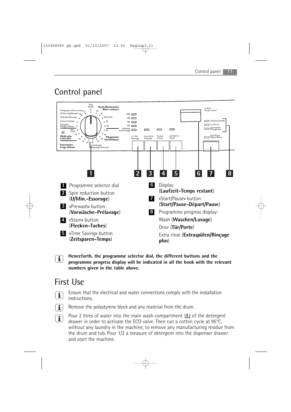 Control panel, First use, 11 control panel | Electrolux WA L2 E100 User Manual | Page 11 / 48