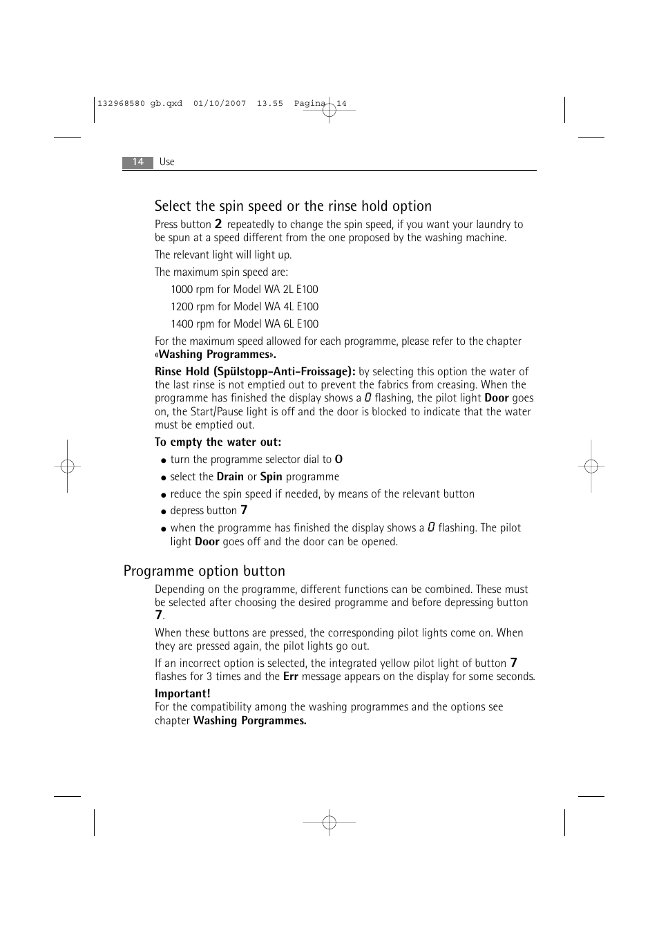 Select the spin speed or the rinse hold option, Programme option button | Electrolux WA L2 E100 User Manual | Page 14 / 48