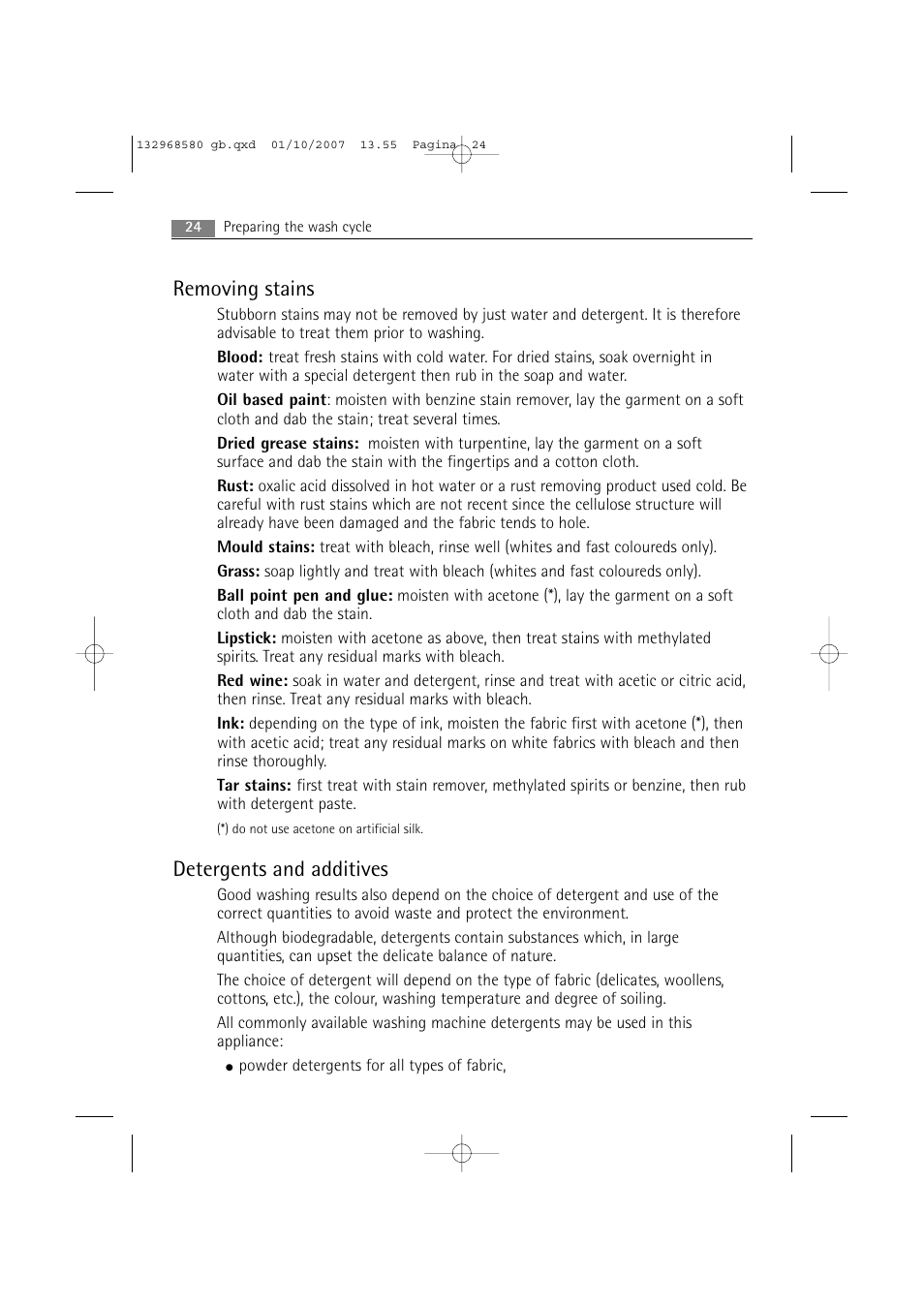 Removing stains, Detergents and additives | Electrolux WA L2 E100 User Manual | Page 24 / 48