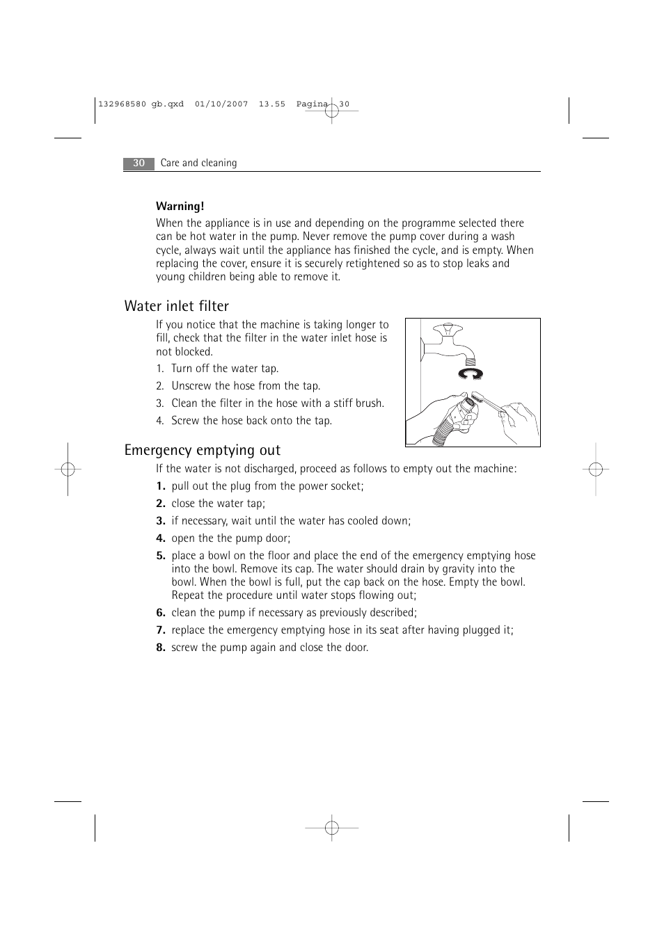 Water inlet filter, Emergency emptying out | Electrolux WA L2 E100 User Manual | Page 30 / 48