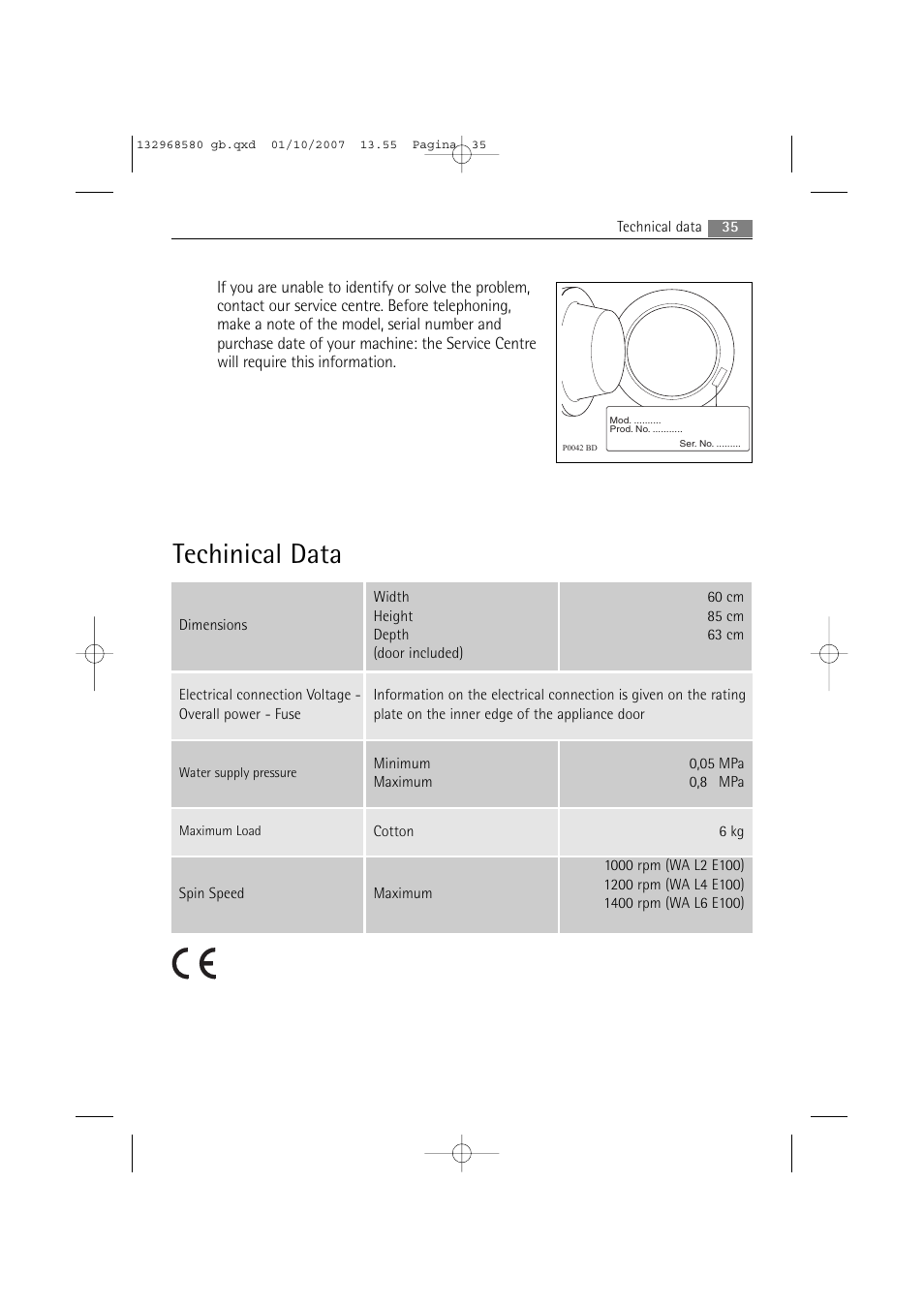 Techinical data | Electrolux WA L2 E100 User Manual | Page 35 / 48