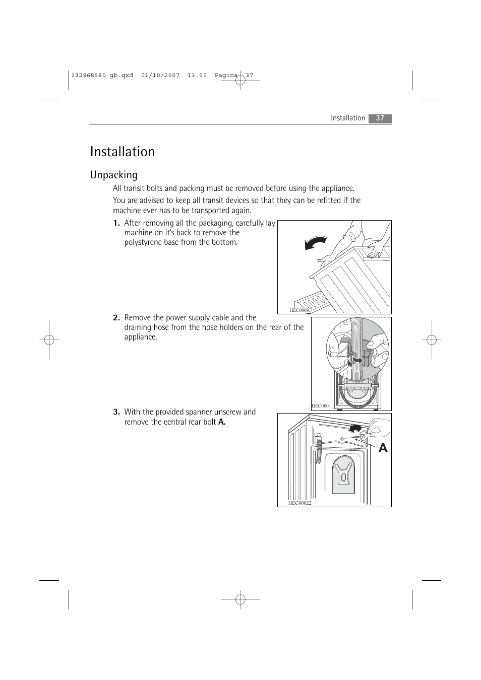 Installation, Unpacking | Electrolux WA L2 E100 User Manual | Page 37 / 48