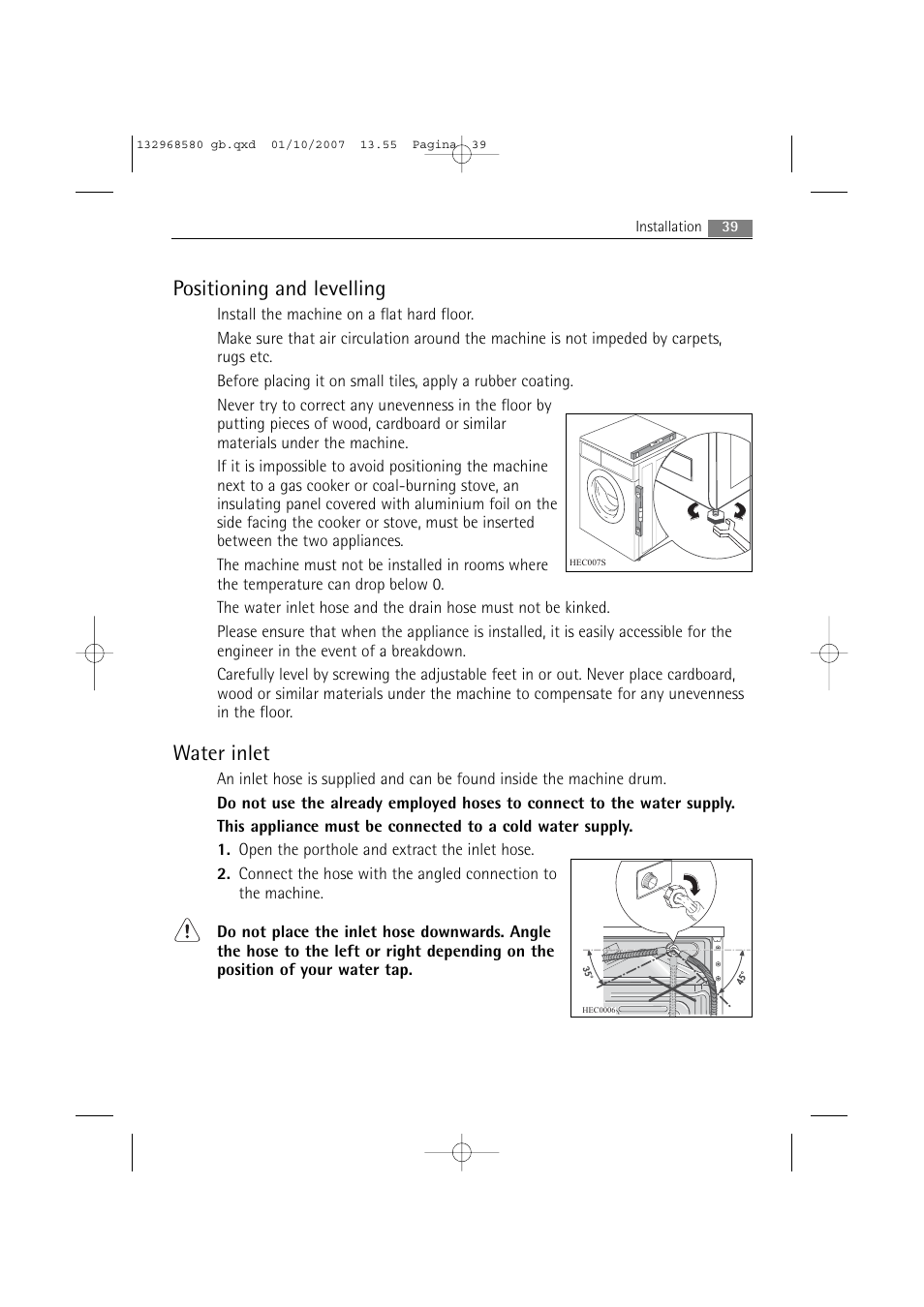 Positioning and levelling, Water inlet | Electrolux WA L2 E100 User Manual | Page 39 / 48