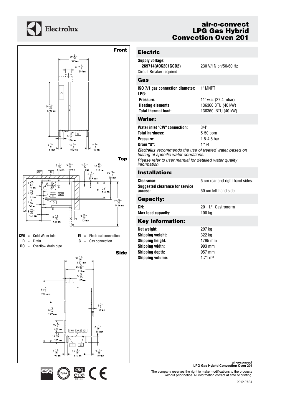 Air-o-convect lpg gas hybrid convection oven 201 | Electrolux LPG Gas Hybrid Convection Oven 201 User Manual | Page 2 / 3