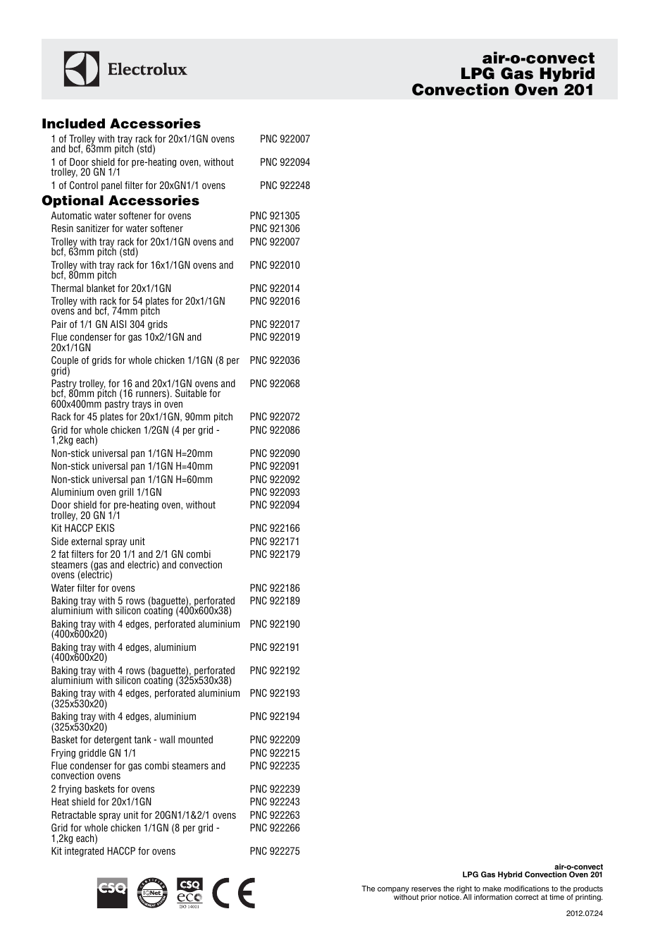 Air-o-convect lpg gas hybrid convection oven 201, Included accessories, Optional accessories | Electrolux LPG Gas Hybrid Convection Oven 201 User Manual | Page 3 / 3