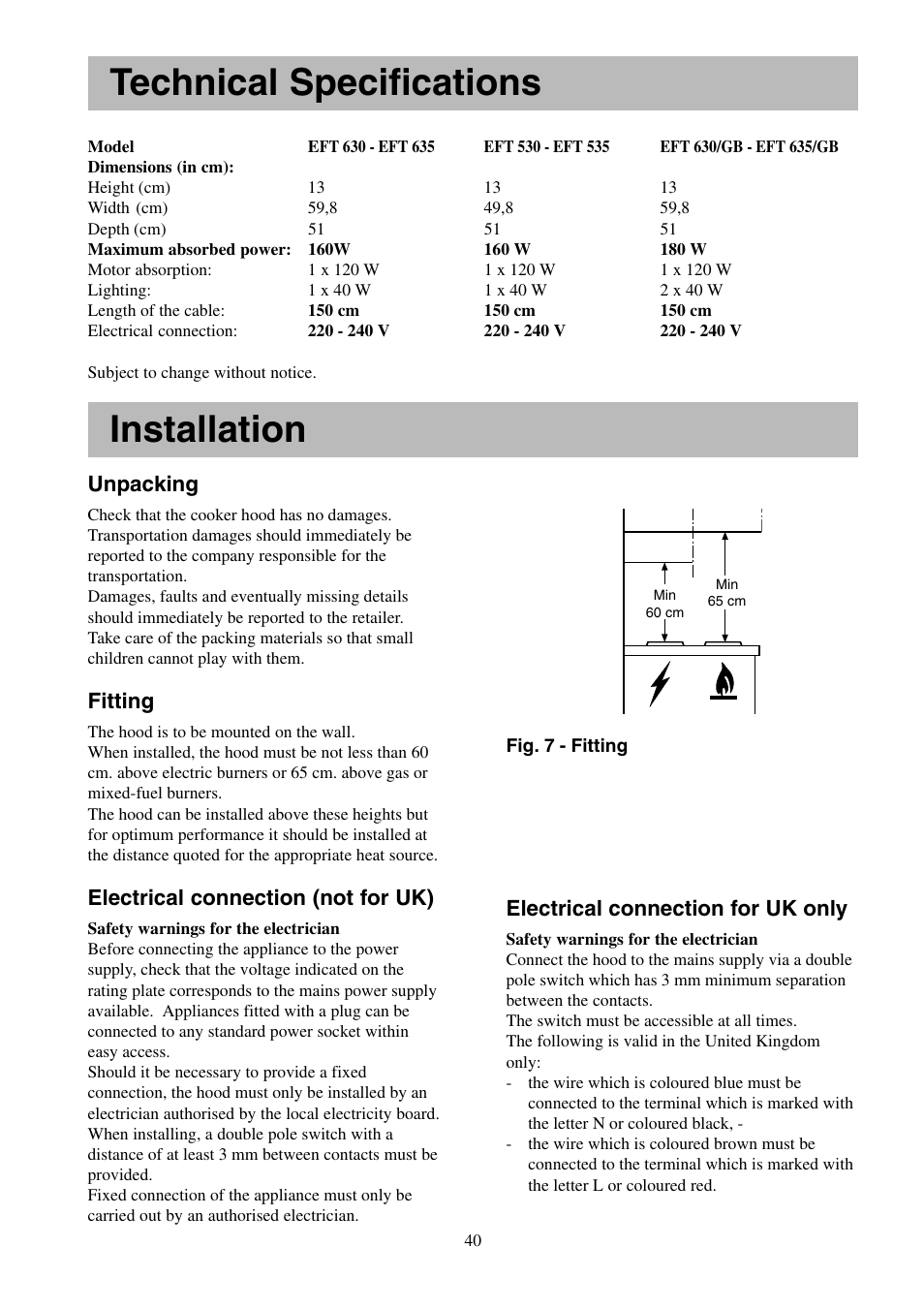 Technical specifications, Installation, Unpacking | Fitting, Electrical connection (not for uk), Electrical connection for uk only | Electrolux U24211 EFT 635 User Manual | Page 11 / 15