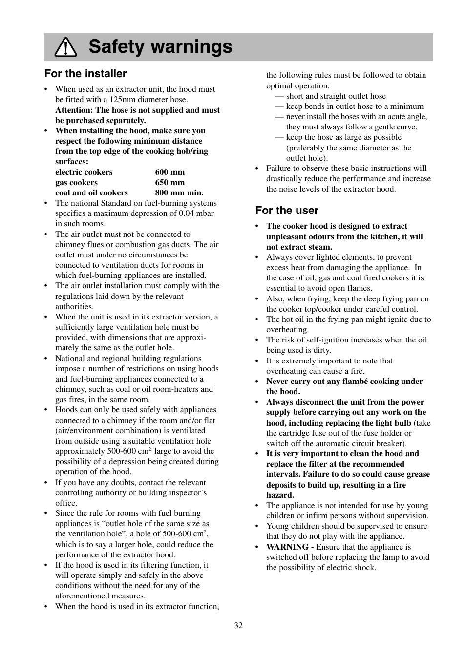 Safety warnings, For the installer, For the user | Electrolux U24211 EFT 635 User Manual | Page 3 / 15