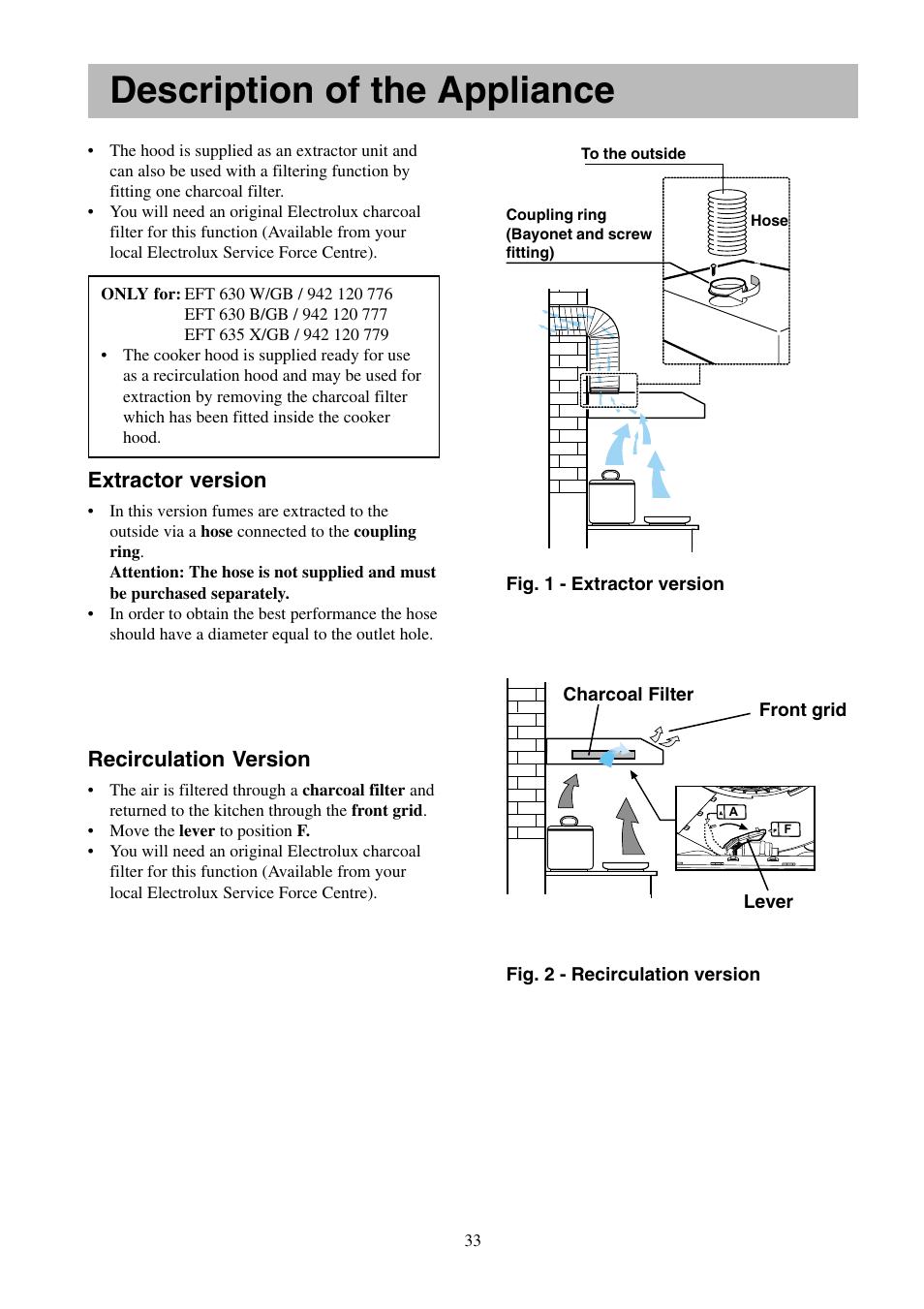 Description of the appliance, Extractor version, Recirculation version | Electrolux U24211 EFT 635 User Manual | Page 4 / 15