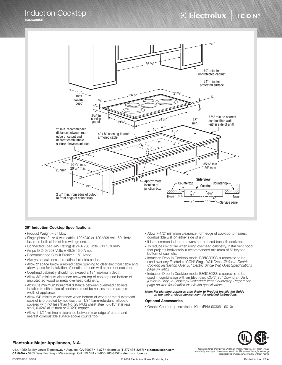 Induction cooktop, Electrolux major appliances, n.a | Electrolux E36EC65ESS User Manual | Page 2 / 4