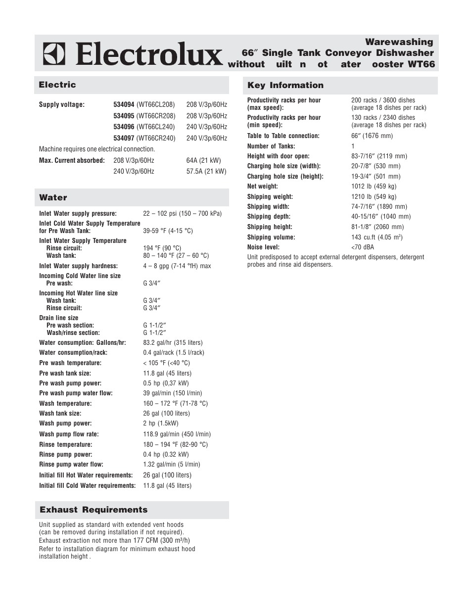 Electric water, Exhaust requirements, Key information | Electrolux 534095 User Manual | Page 2 / 4