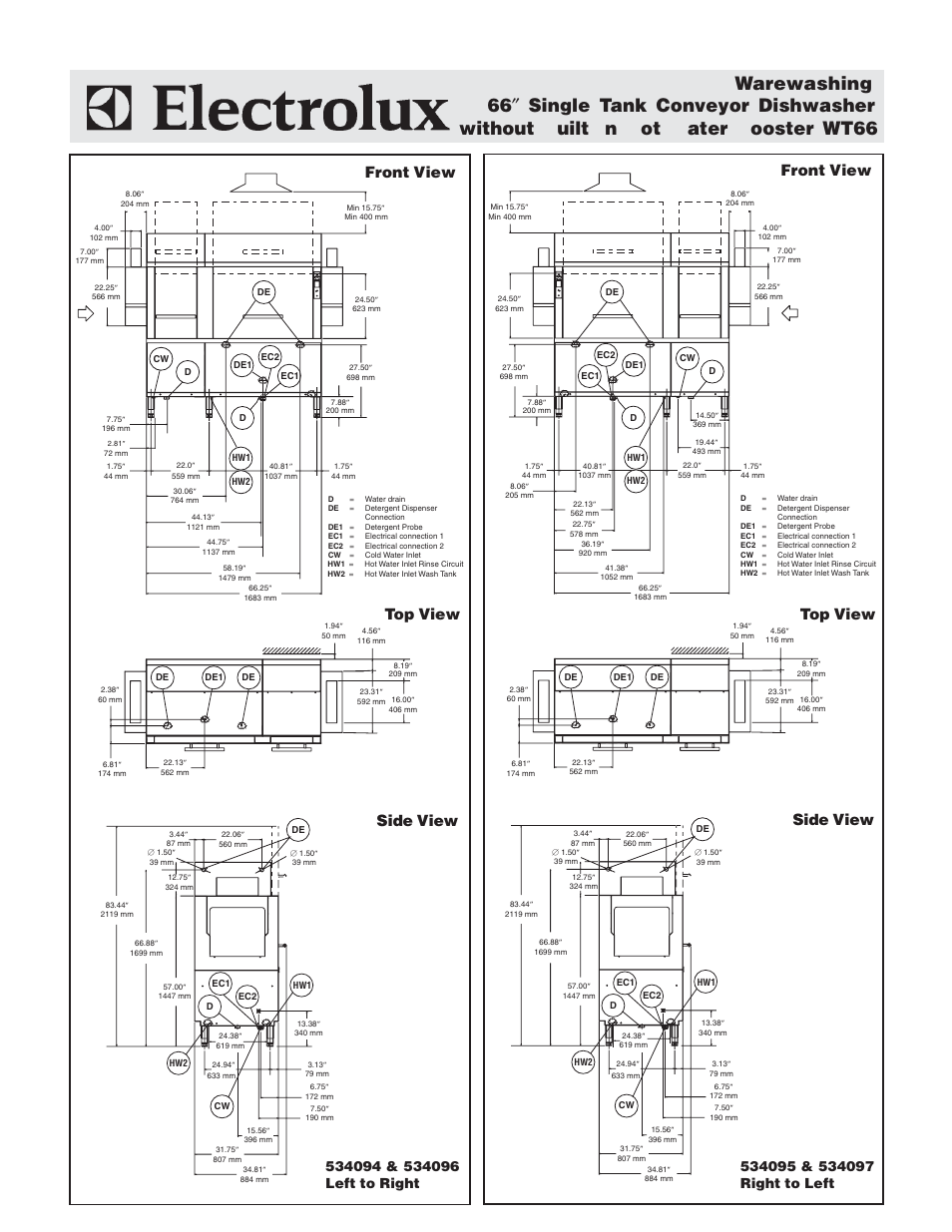 Front view top view, Front view top view side view, Side view | Electrolux 534095 User Manual | Page 3 / 4