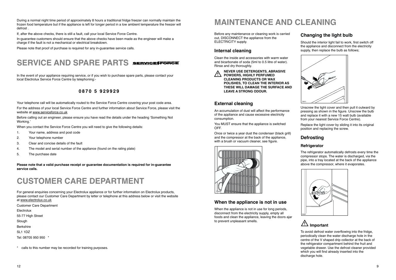 Maintenance and cleaning, Customer care department, Service and spare parts | Electrolux ER 7525 B User Manual | Page 12 / 20