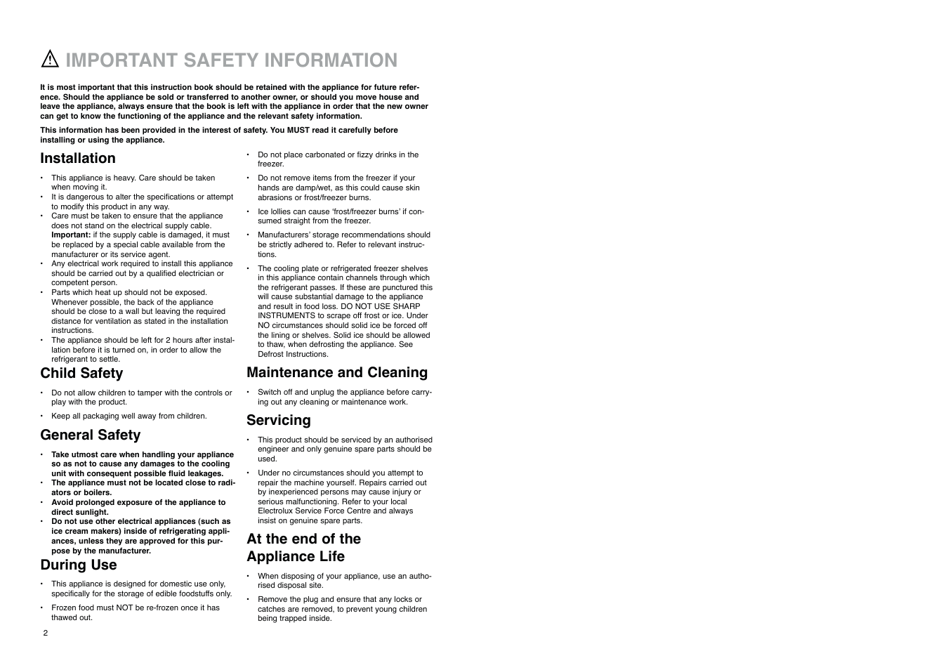 Important safety information, Installation, Child safety | General safety, During use, Maintenance and cleaning, Servicing, At the end of the appliance life | Electrolux ER 7525 B User Manual | Page 2 / 20