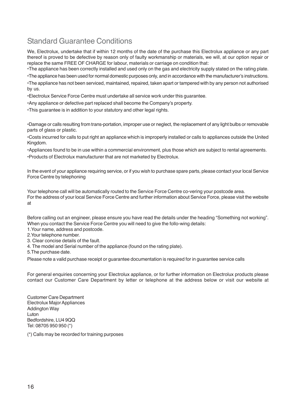 Guarantee conditions, Standard guarantee conditions | Electrolux U26226 User Manual | Page 16 / 20