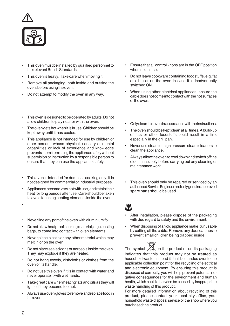 Important safety information, Installation, Child safety | During use, Maintenance and cleaning, Service, Environmental information | Electrolux U26226 User Manual | Page 2 / 20