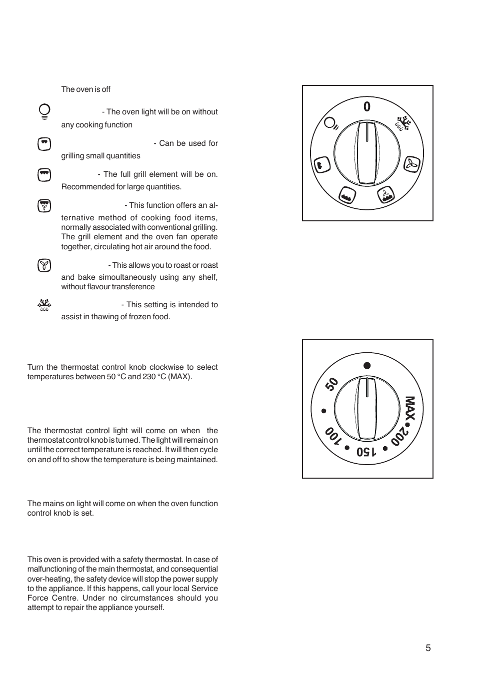 Controls, Oven function control knob 0, Thermostat control knob (°c) | Thermostat control light, Mains on light, The safety thermostat | Electrolux U26226 User Manual | Page 5 / 20