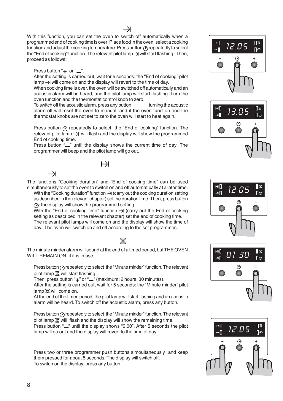 End of cooking” function, Cooking duration, And “end of cooking time” combined | Minute minder” function, How to switch off the display | Electrolux U26226 User Manual | Page 8 / 20