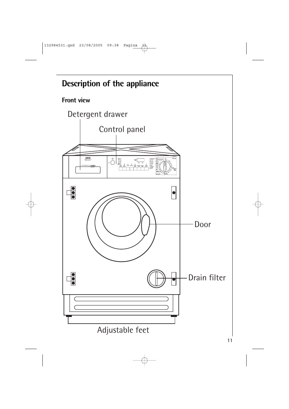 Description of the appliance, Front view | Electrolux LAVAMAT TURBO 12710 VIT User Manual | Page 11 / 60