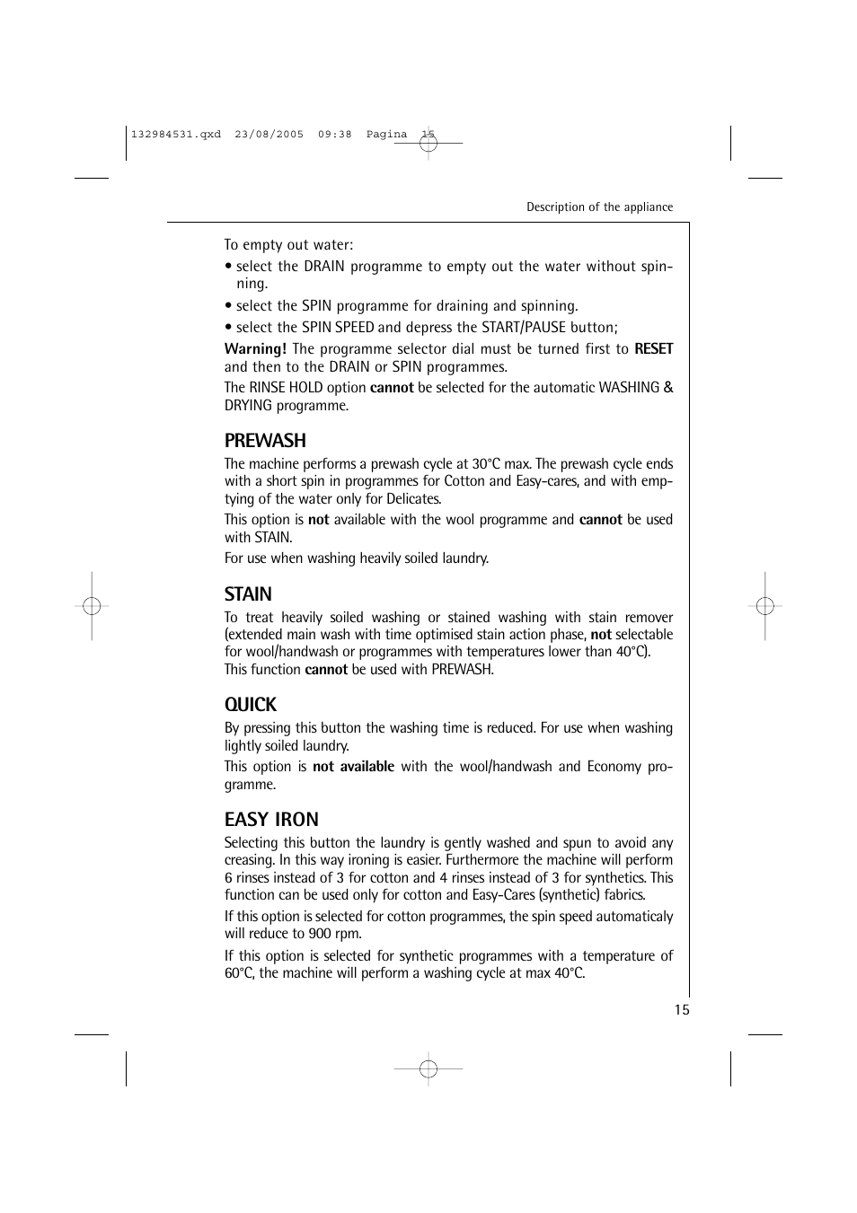 Prewash, Stain, Quick | Easy iron | Electrolux LAVAMAT TURBO 12710 VIT User Manual | Page 15 / 60