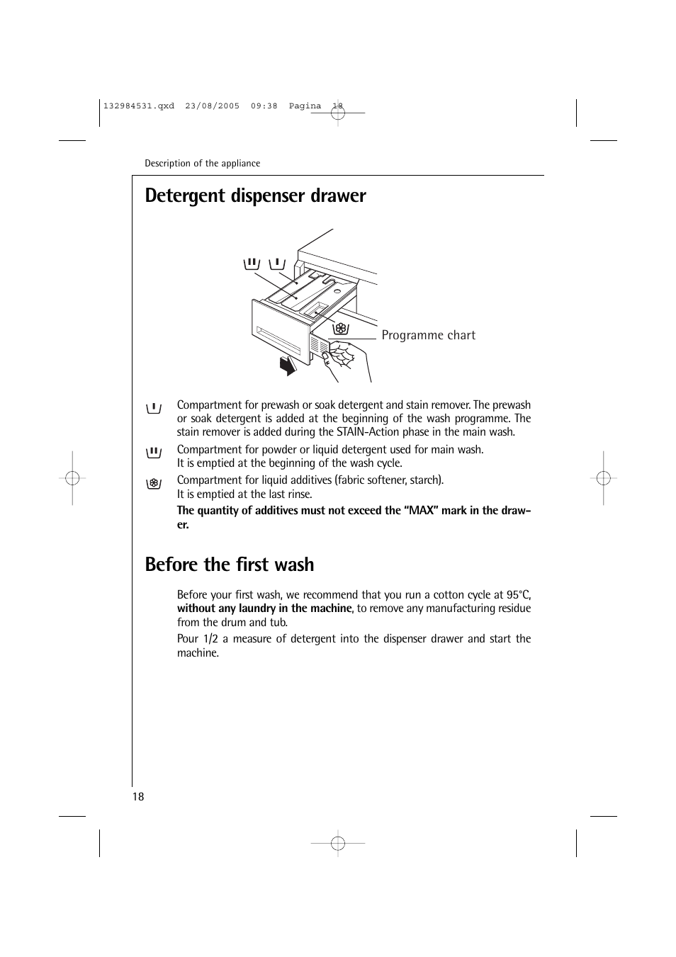 Detergent dispenser drawer, Before the first wash | Electrolux LAVAMAT TURBO 12710 VIT User Manual | Page 18 / 60