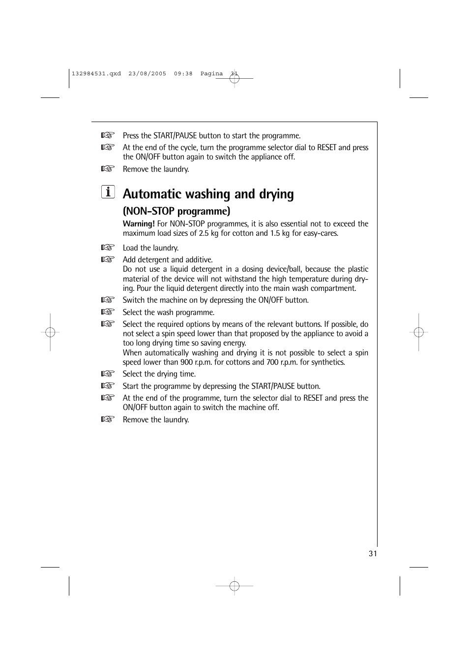 Automatic washing and drying, Non-stop programme) | Electrolux LAVAMAT TURBO 12710 VIT User Manual | Page 31 / 60
