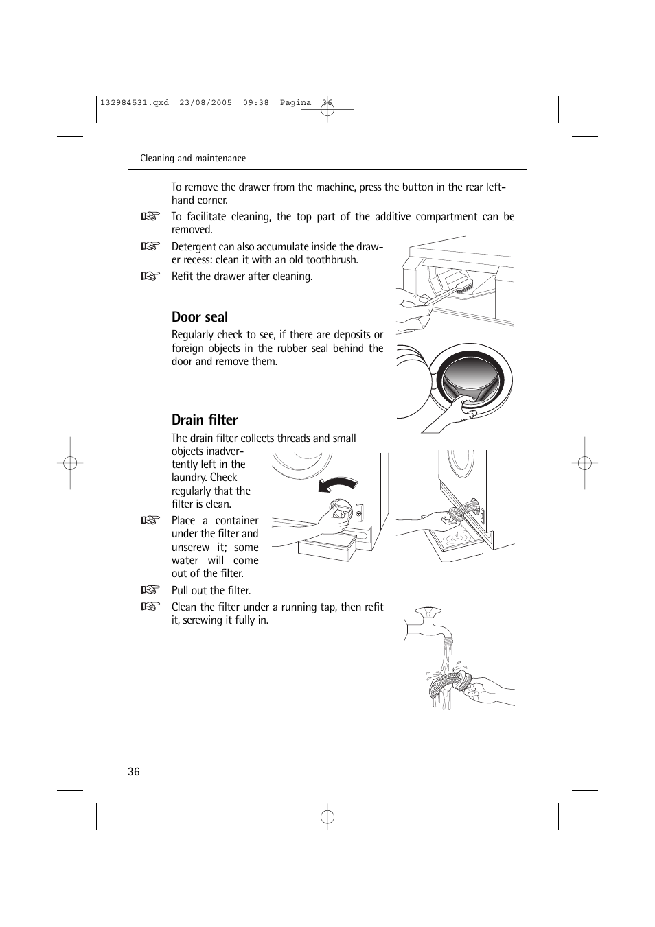 Door seal, Drain filter | Electrolux LAVAMAT TURBO 12710 VIT User Manual | Page 36 / 60